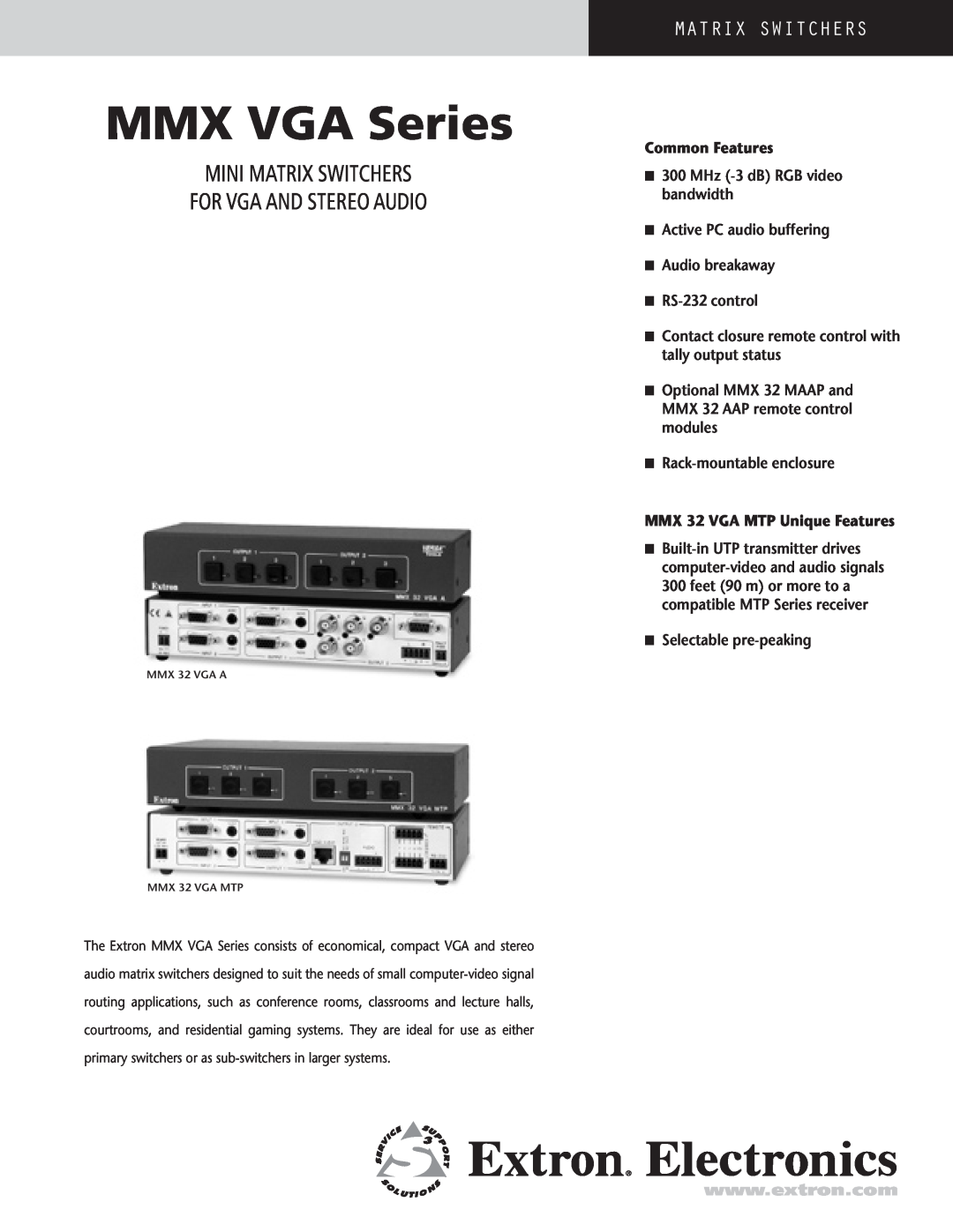 Extron electronic MMX VGA Series manual Mini Matrix Switchers For Vga And Stereo Audio 