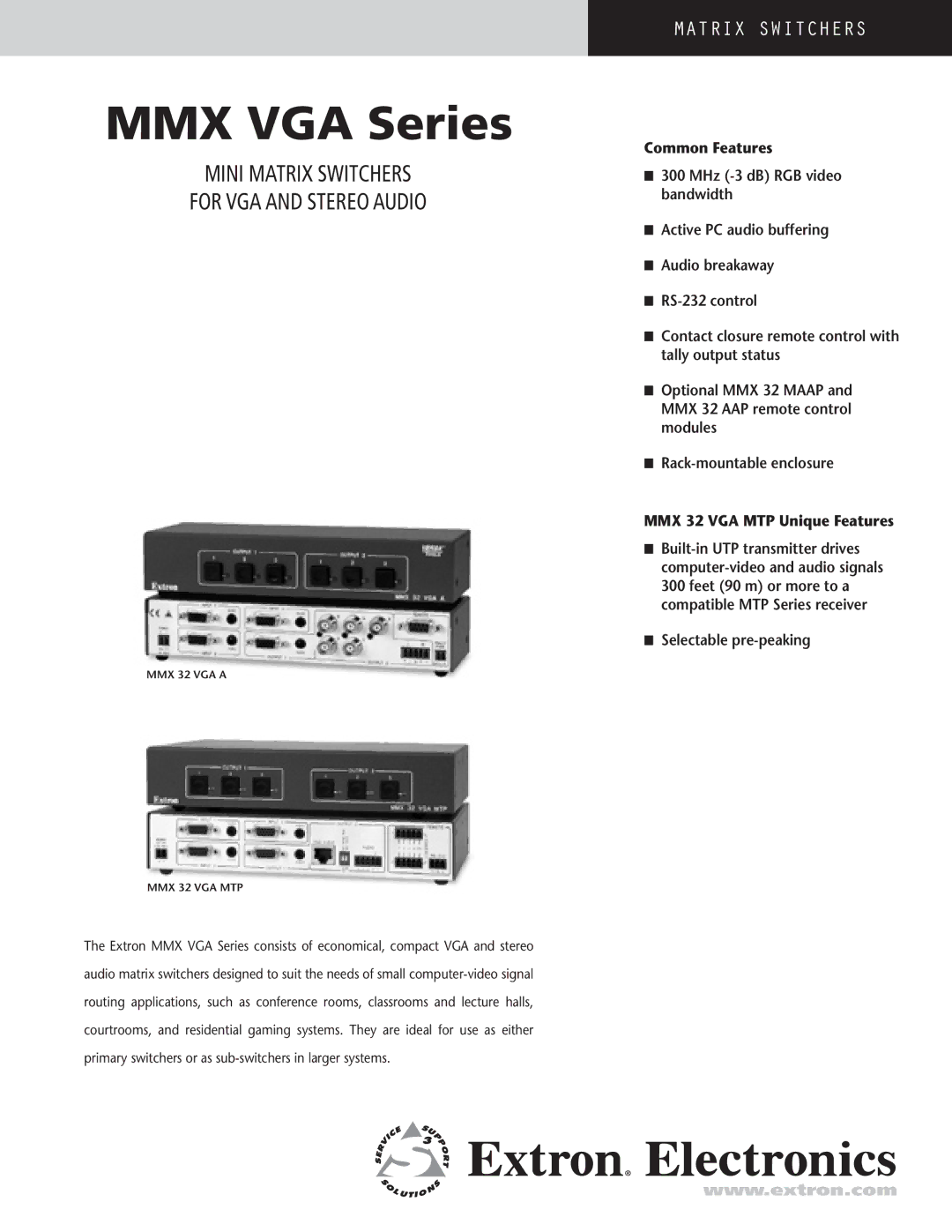 Extron electronic MMX VGA Series manual Mini Matrix Switchers For VGA and Stereo Audio 