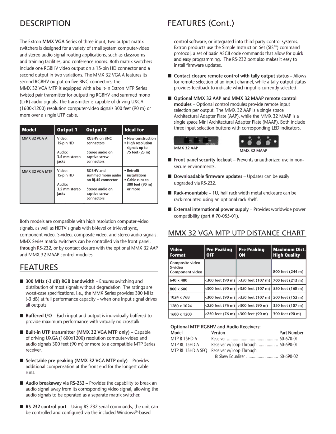 Extron electronic MMX VGA Series manual Description, Features 