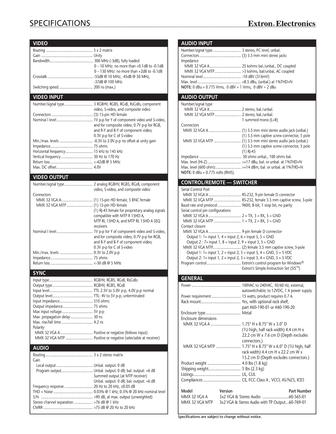 Extron electronic MMX VGA Series manual Specifications, Video 