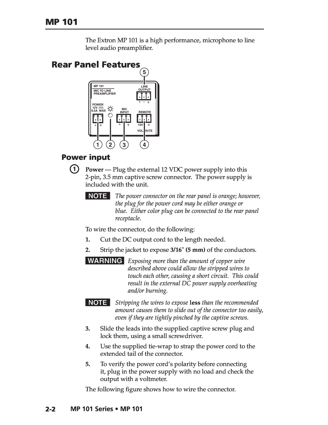 Extron electronic user manual Rear Panel Features, Power input, 2-2MP 101 Series MP 
