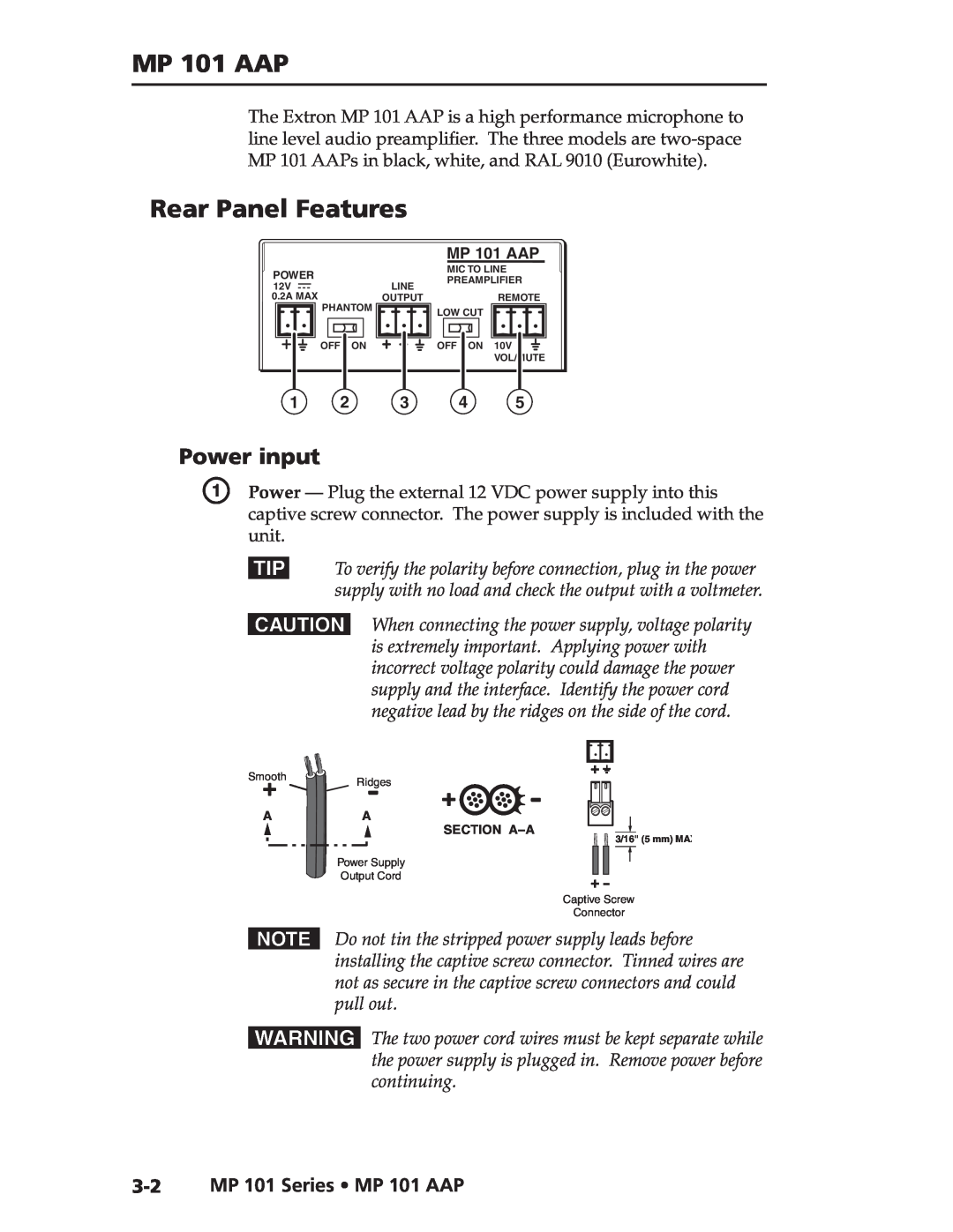 Extron electronic user manual continuing, 3-2MP 101 Series MP 101 AAP, Rear Panel Features, Power input 