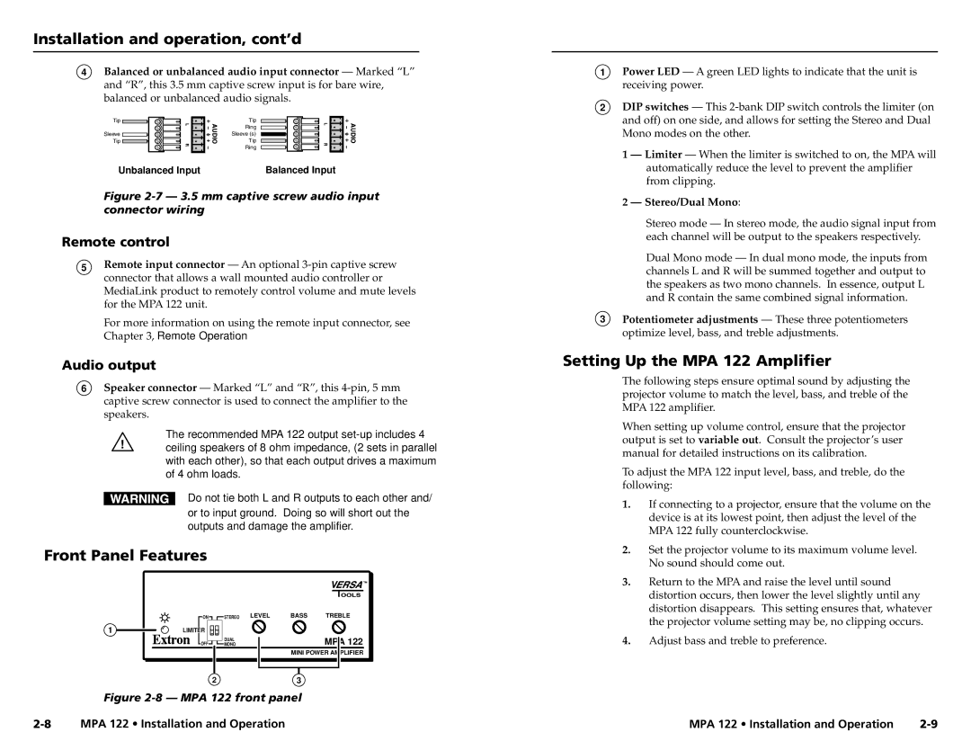 Extron electronic user manual Front Panel Features, Setting Up the MPA 122 Amplifier, Remote control, Audio output 