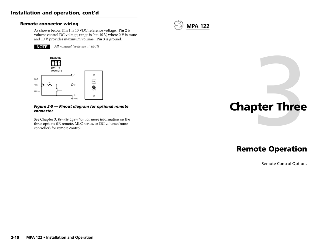 Extron electronic MPA 122 user manual Chapter Three, Remote Operation, Remote connector wiring 