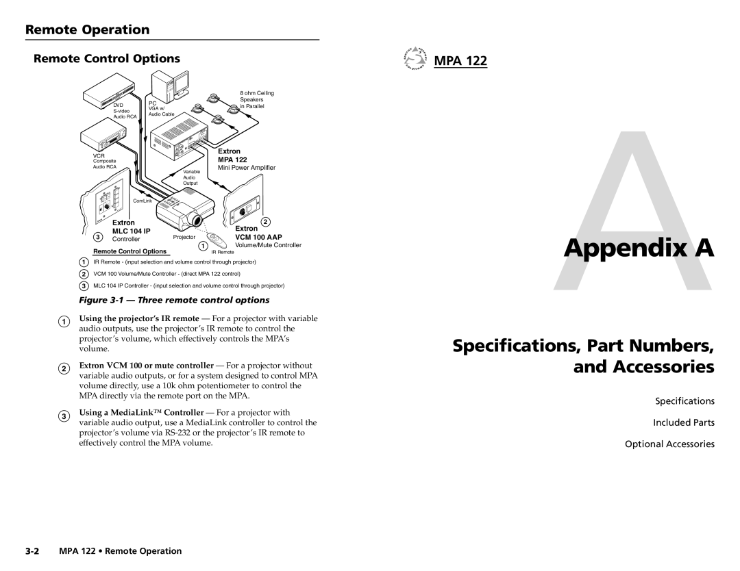 Extron electronic MPA 122 AAppendix a, Specifications, Part Numbers Accessories, Remote Operation, Remote Control Options 