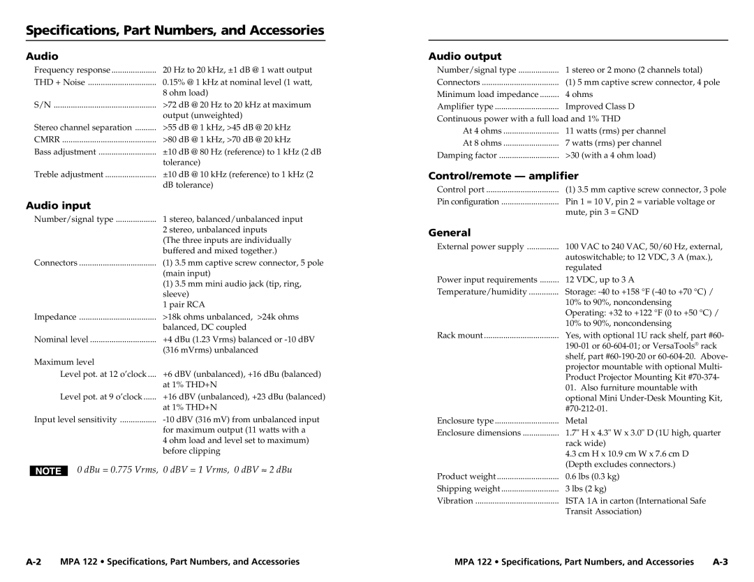 Extron electronic MPA 122 Specifications, Part Numbers, and Accessories, Audio input, Control/remote amplifier 