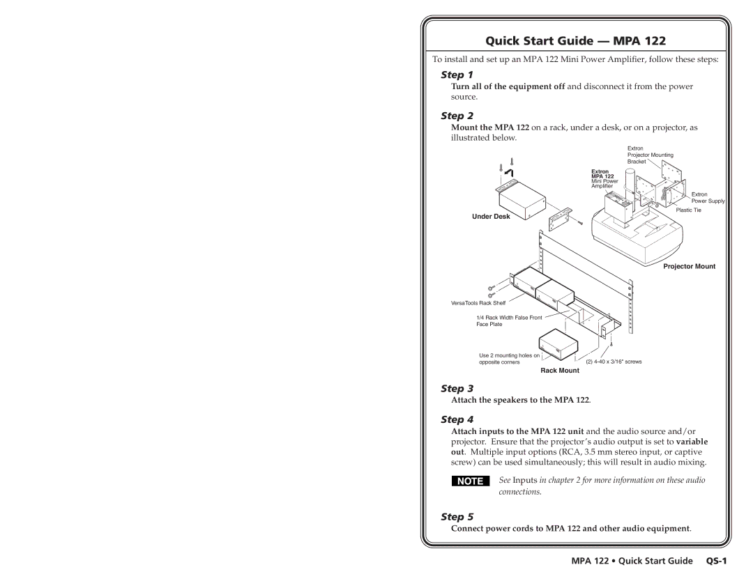 Extron electronic MPA 122 user manual Quick Start Guide MPA, Under Desk Projector Mount 