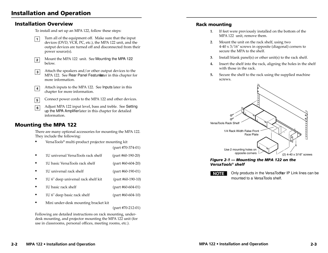 Extron electronic MPA 122 user manual Installation and Operation, Installation Overview, Mounting the MPA, Rack mounting 