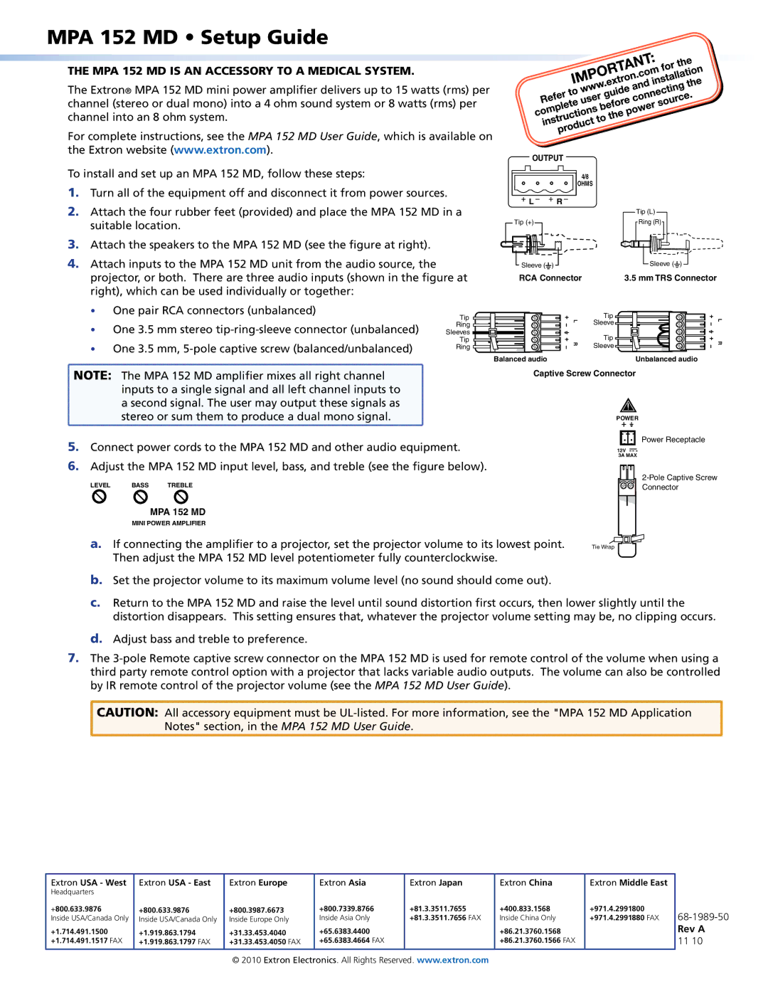 Extron electronic setup guide MPA 152 MD Setup Guide, MPA 152 MD is AN Accessory to a Medical System, Rev a, 68-1989-50 