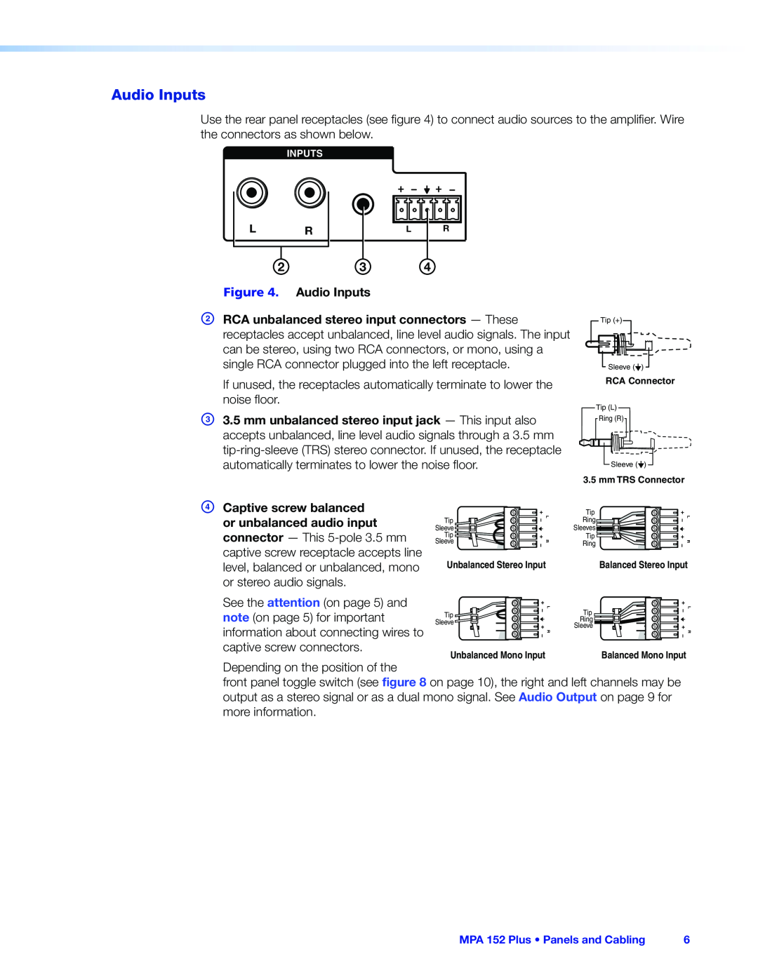 Extron electronic MPA 152 PLUS manual Audio Inputs 