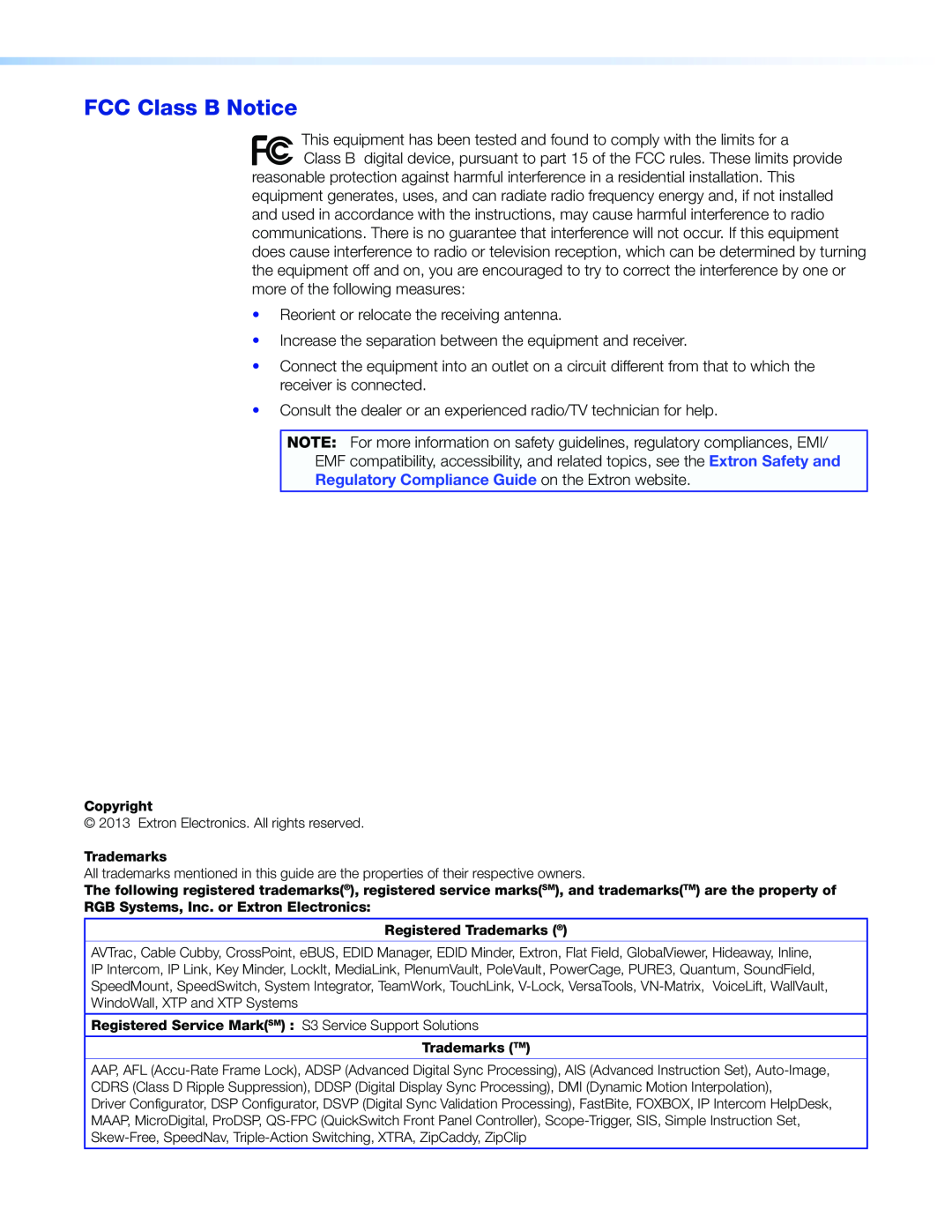 Extron electronic MPA 152 PLUS manual FCC Class B Notice, Regulatory Compliance Guide on the Extron website 