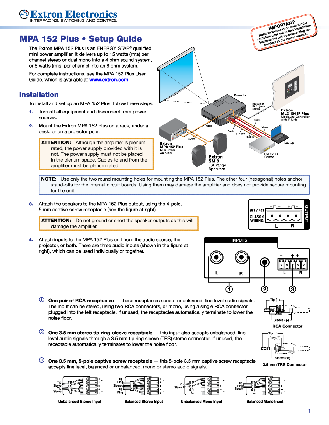 Extron electronic MPA 152 PLUS setup guide MPA 152 Plus Setup Guide, Installation 