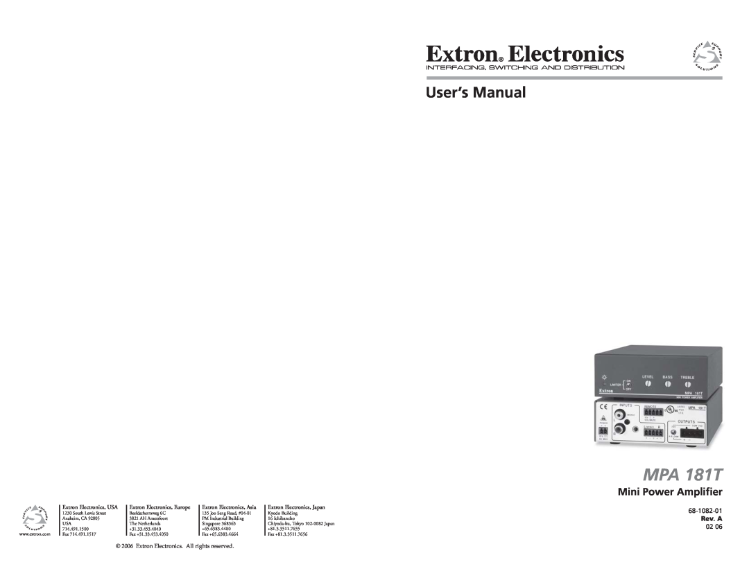Extron electronic MPA 181T user manual Mini Power Amplifier, User’s Manual, 68-1082-01, Rev. A, Extron Electronics, USA 