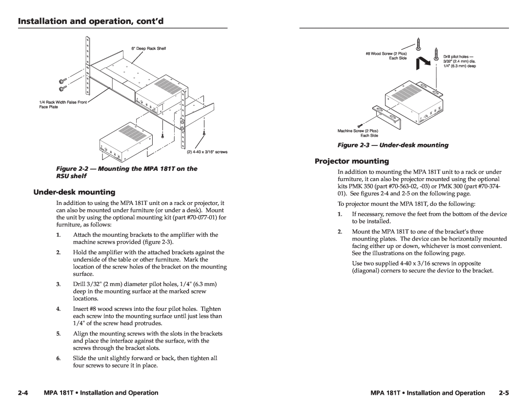 Extron electronic MPA 181T user manual Installation and operation, cont’d, Under-desk mounting, Projector mounting 