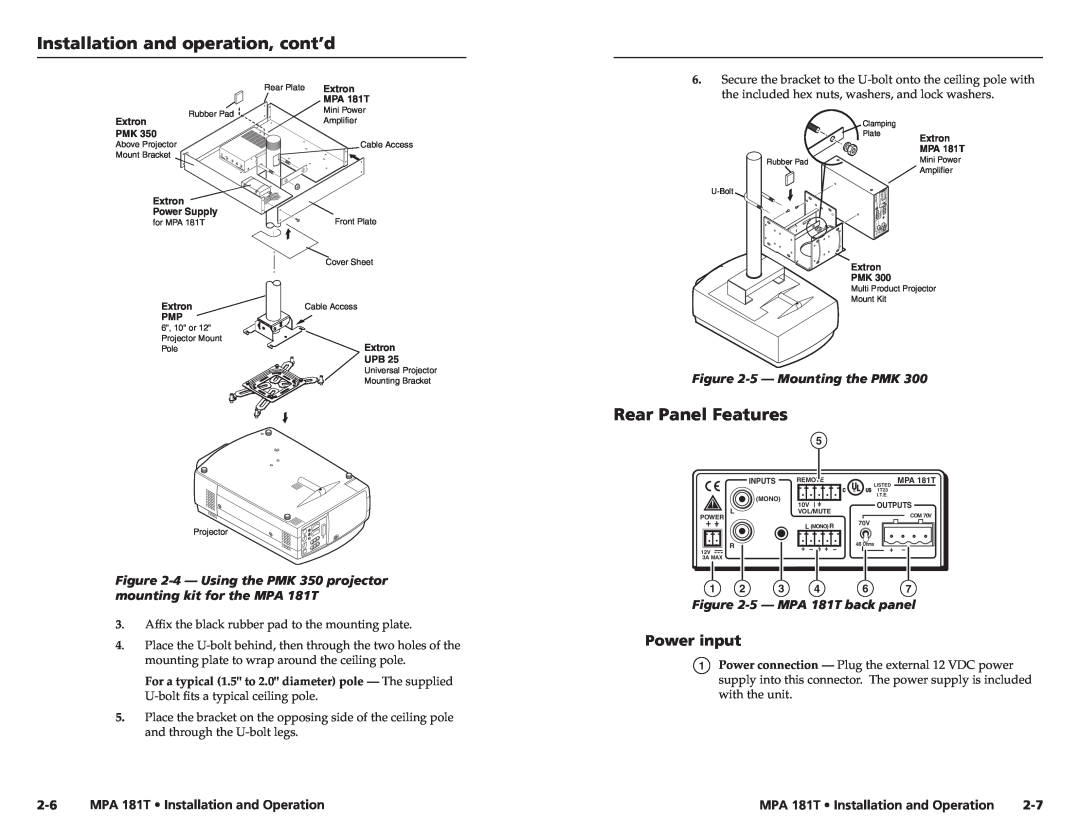 Extron electronic user manual Rear Panel Features, Power input, 5 - Mounting the PMK, 5 - MPA 181T back panel 