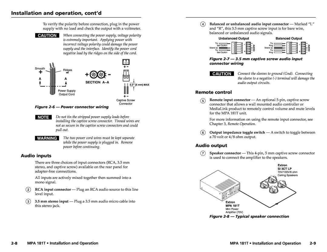 Extron electronic MPA 181T user manual Audio inputs, Remote control, Audio output, 6 - Power connector wiring 