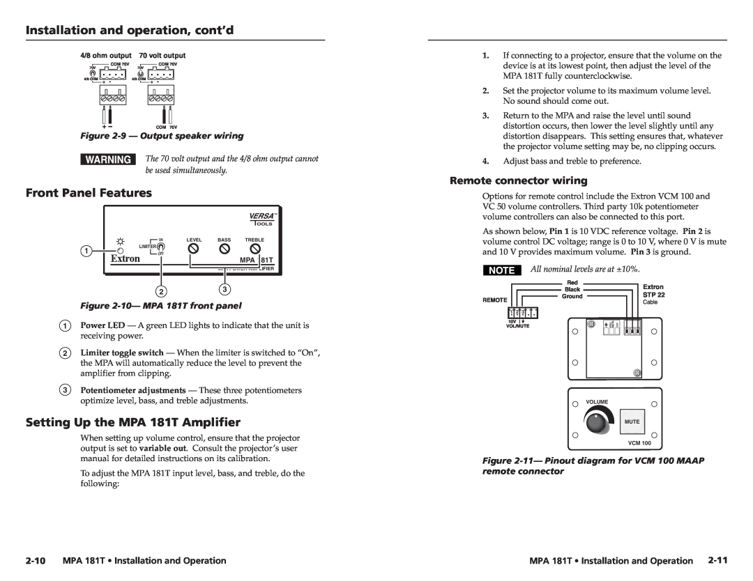 Extron electronic user manual Front Panel Features, Setting Up the MPA 181T Amplifier, Remote connector wiring, 2-10 