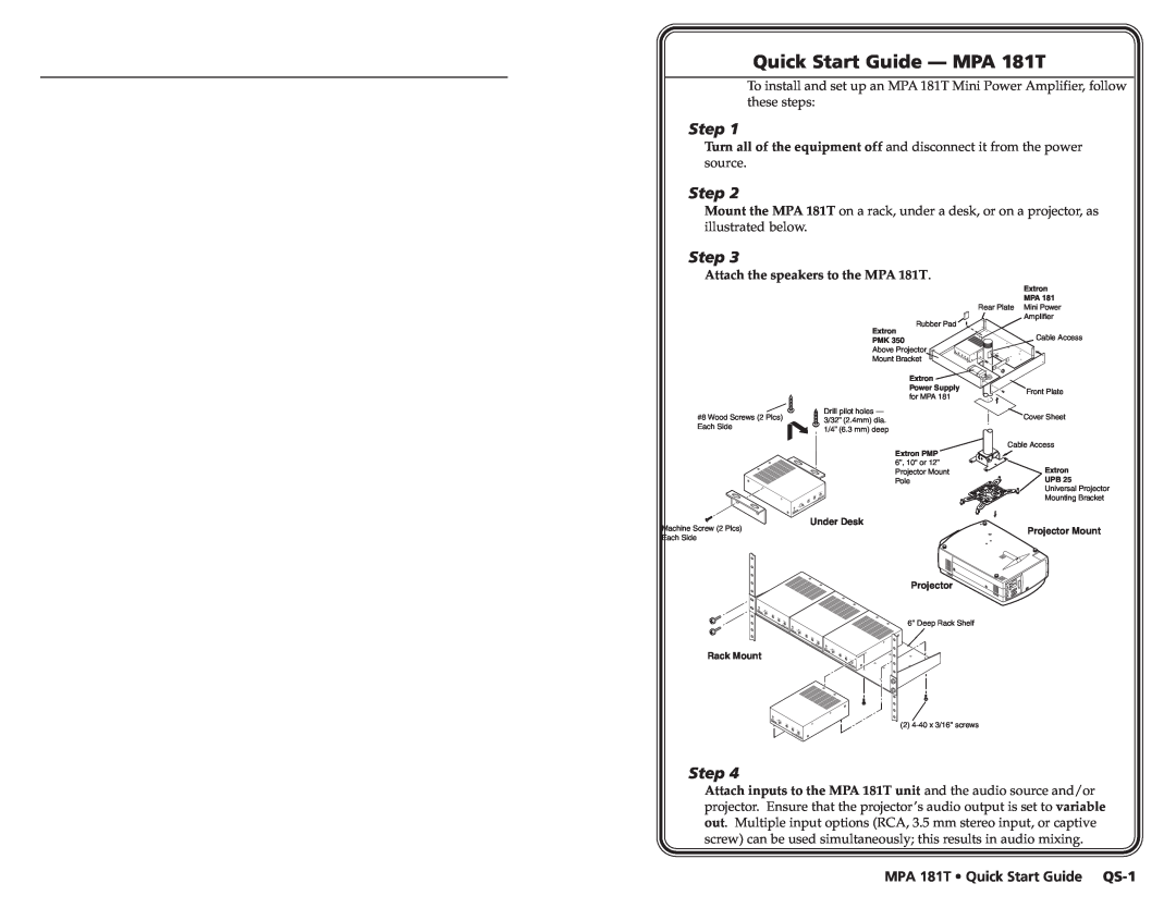 Extron electronic user manual Quick Start Guide - MPA 181T, Step, MPA 181T Quick Start Guide QS-1 