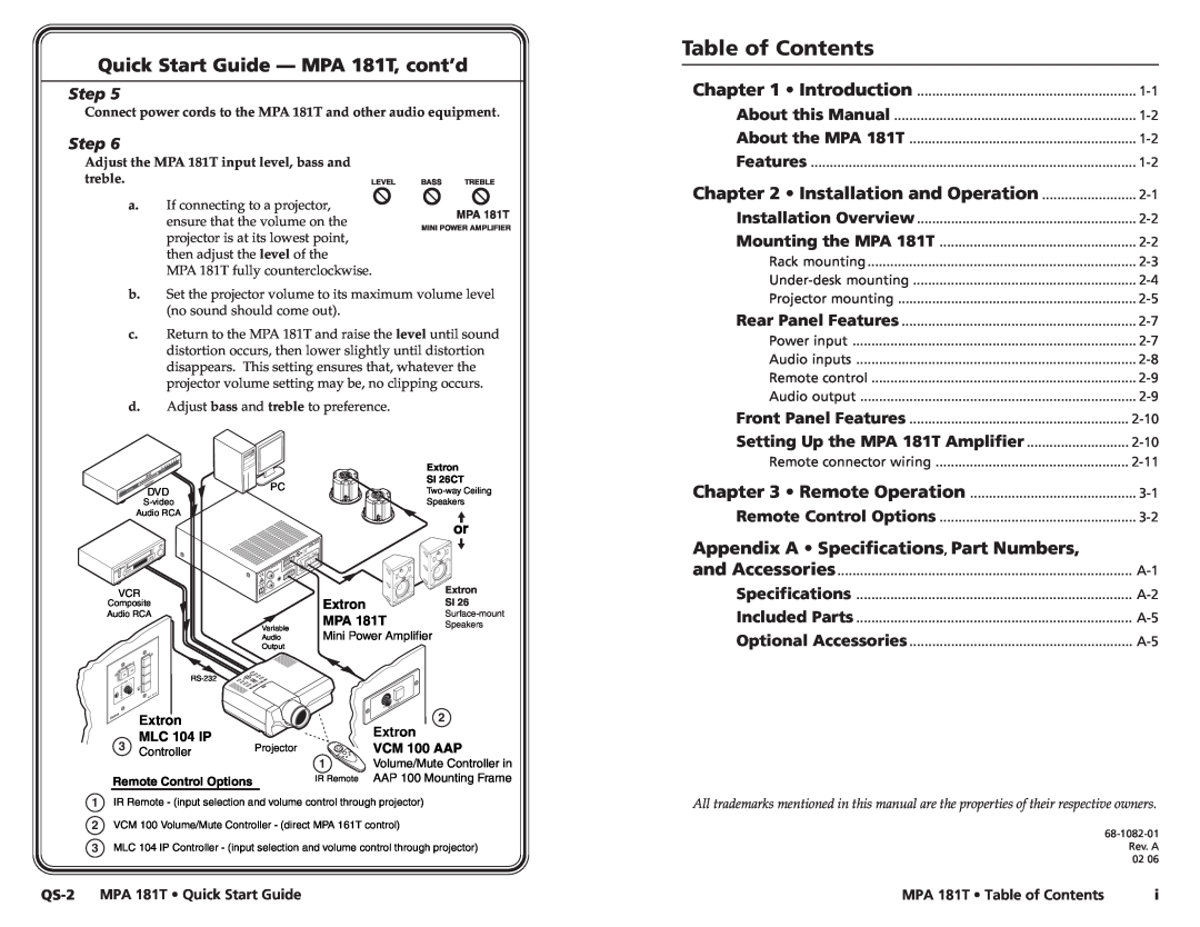 Extron electronic Table of Contents, Quick Start Guide - MPA 181T, cont’d, Installation and Operation, treble, Extron 