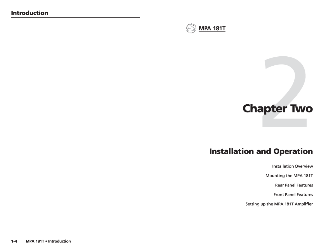 Extron electronic user manual Two, Installation and Operation, Introduction MPA 181T, MPA 181T Introduction 
