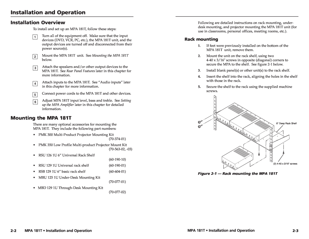 Extron electronic user manual Installation and Operation, Installation Overview, Mounting the MPA 181T, Rack mounting 