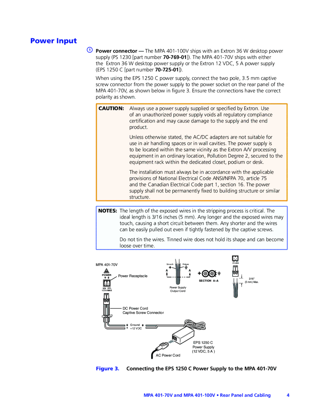 Extron electronic MPA 401-70V manual Power Input, Connecting the EPS 1250 C Power Supply to the MPA 