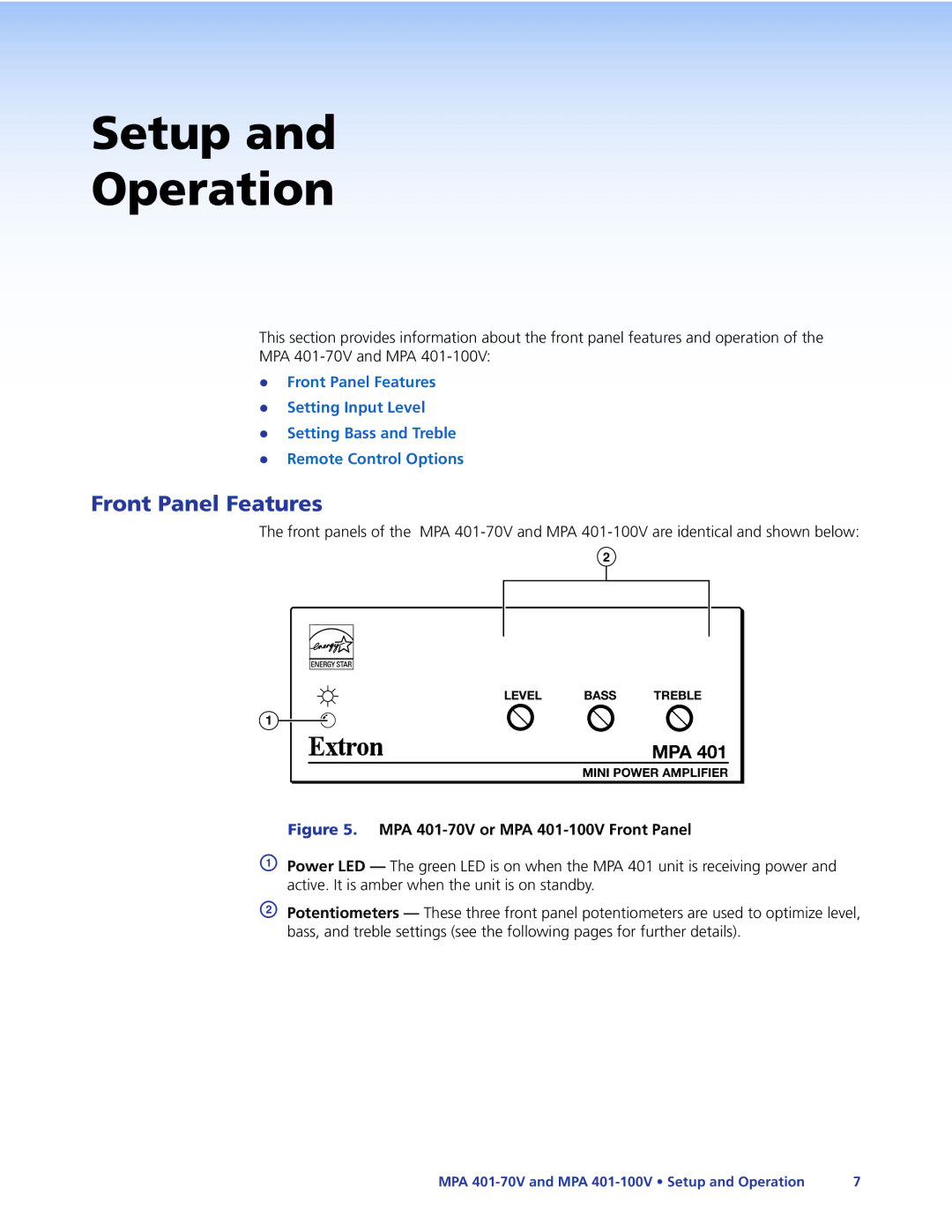 Extron electronic MPA 401-70V manual Setup Operation, Front Panel Features 