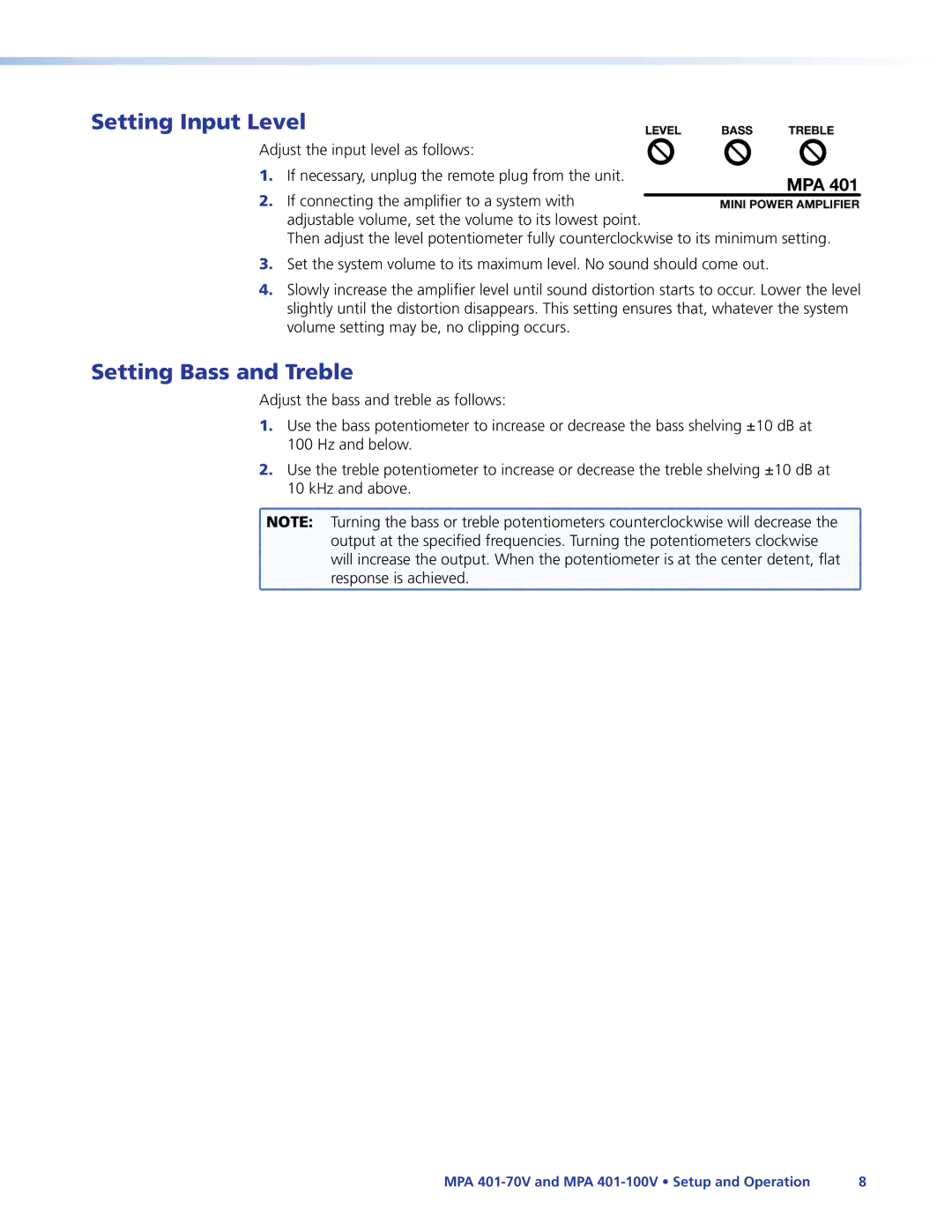 Extron electronic MPA 401-70V manual Setting Input Level, Setting Bass and Treble 