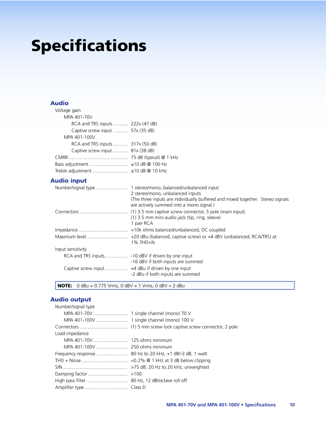 Extron electronic MPA 401-70V manual Specifications, Audio 