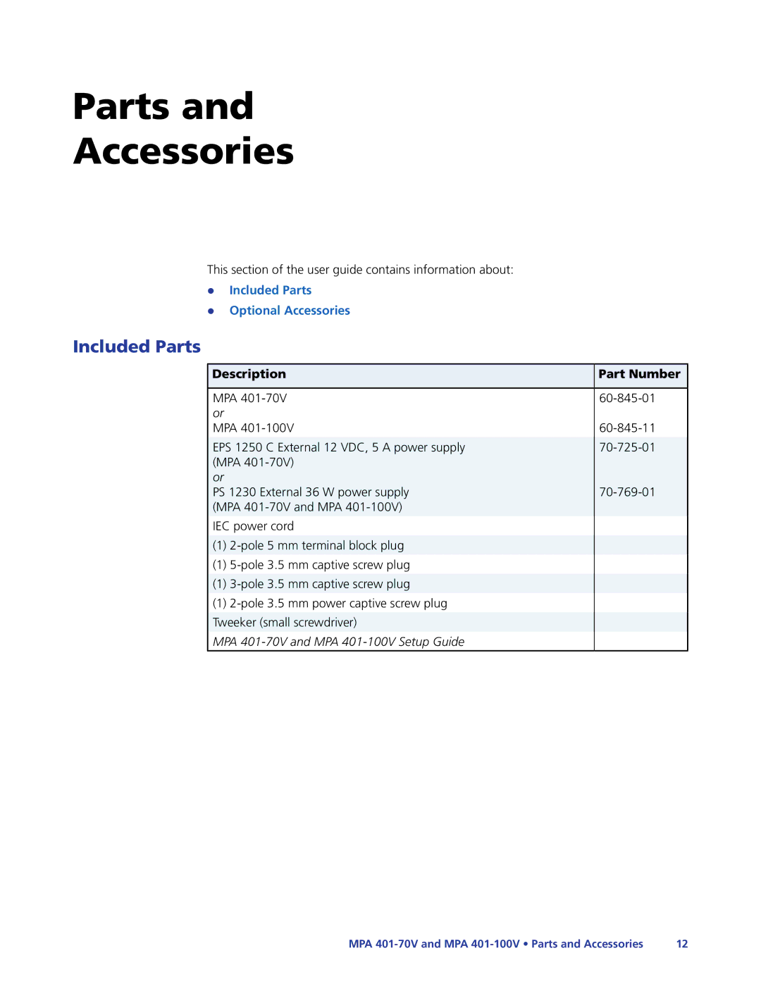 Extron electronic MPA 401-70V manual Parts Accessories, Included Parts 