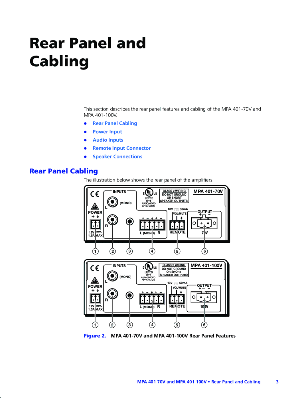 Extron electronic MPA 401-70V manual Rear Panel Cabling 