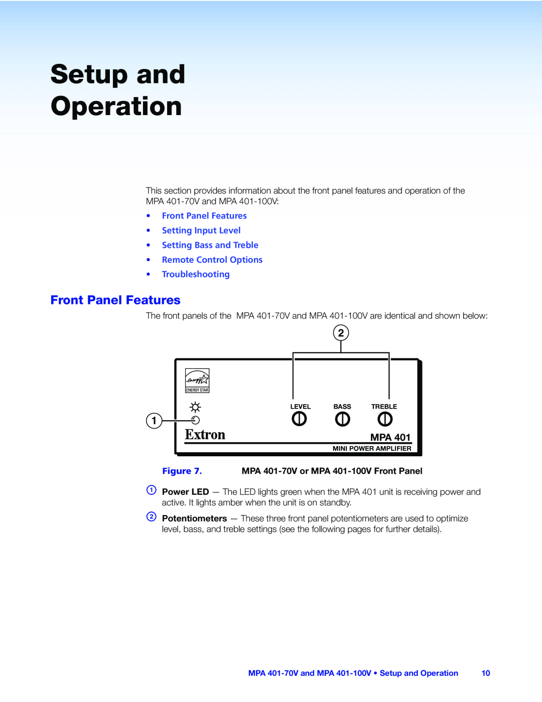 Extron electronic MPA 401 manual Setup and Operation, Front Panel Features Setting Input Level, Troubleshooting 