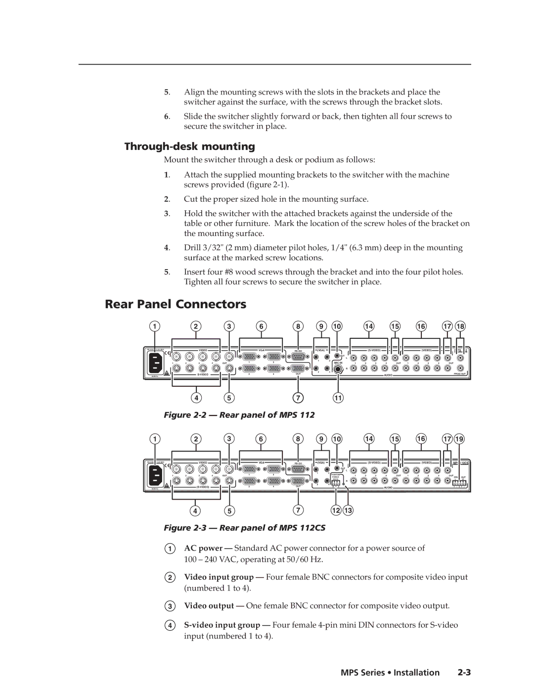 Extron electronic MPS 112CS manual Rear Panel Connectors, Through-desk mounting 