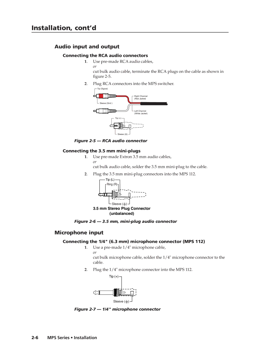 Extron electronic MPS 112CS manual Audio input and output, Microphone input, Connecting the RCA audio connectors 