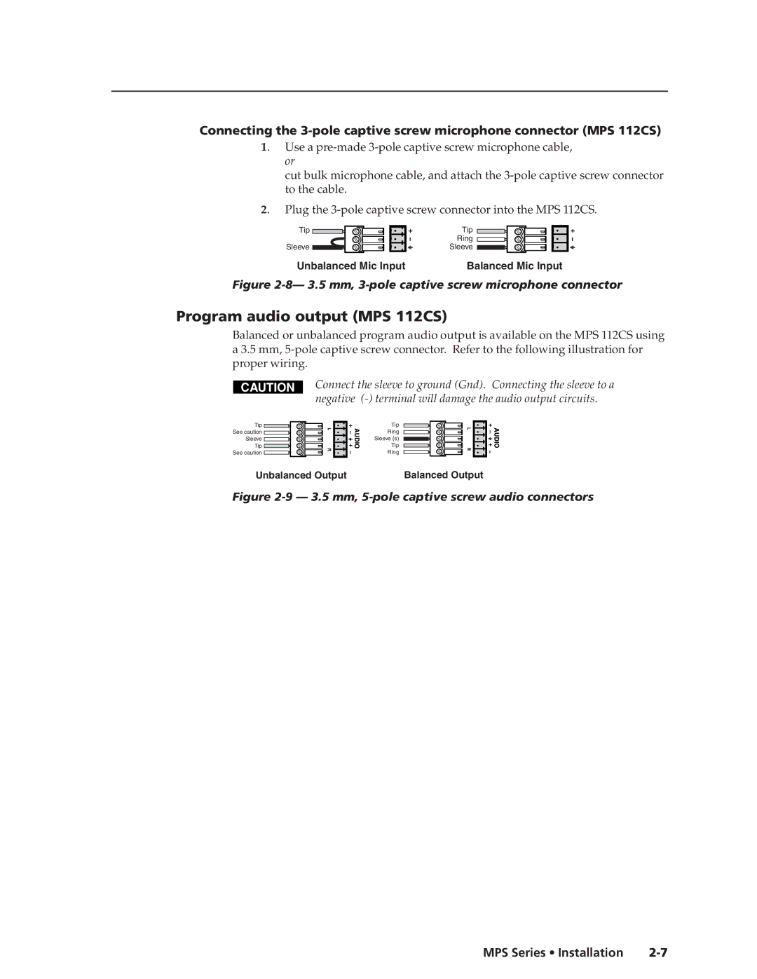 Extron electronic manual Program audio output MPS 112CS, 3.5 mm, 3-pole captive screw microphone connector 