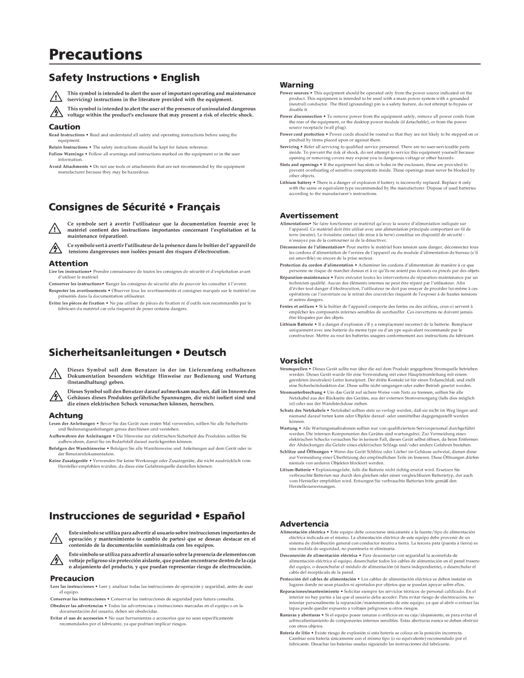 Extron electronic MPS 112CS manual Precautions, Safety Instructions English, Consignes de Sécurité Français 