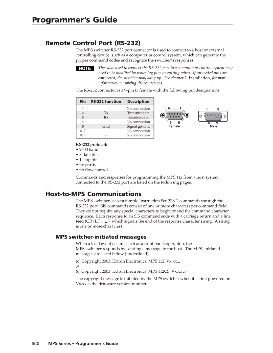 Extron electronic MPS 112CS manual Programmer’s Guide, Remote Control Port RS-232, Host-to-MPS Communications 