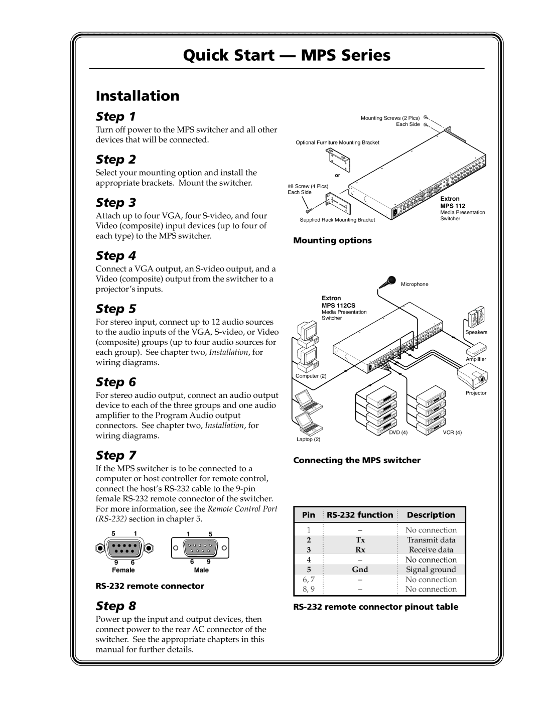 Extron electronic MPS 112CS Quick Start MPS Series, Mounting options, RS-232 remote connector, Connecting the MPS switcher 