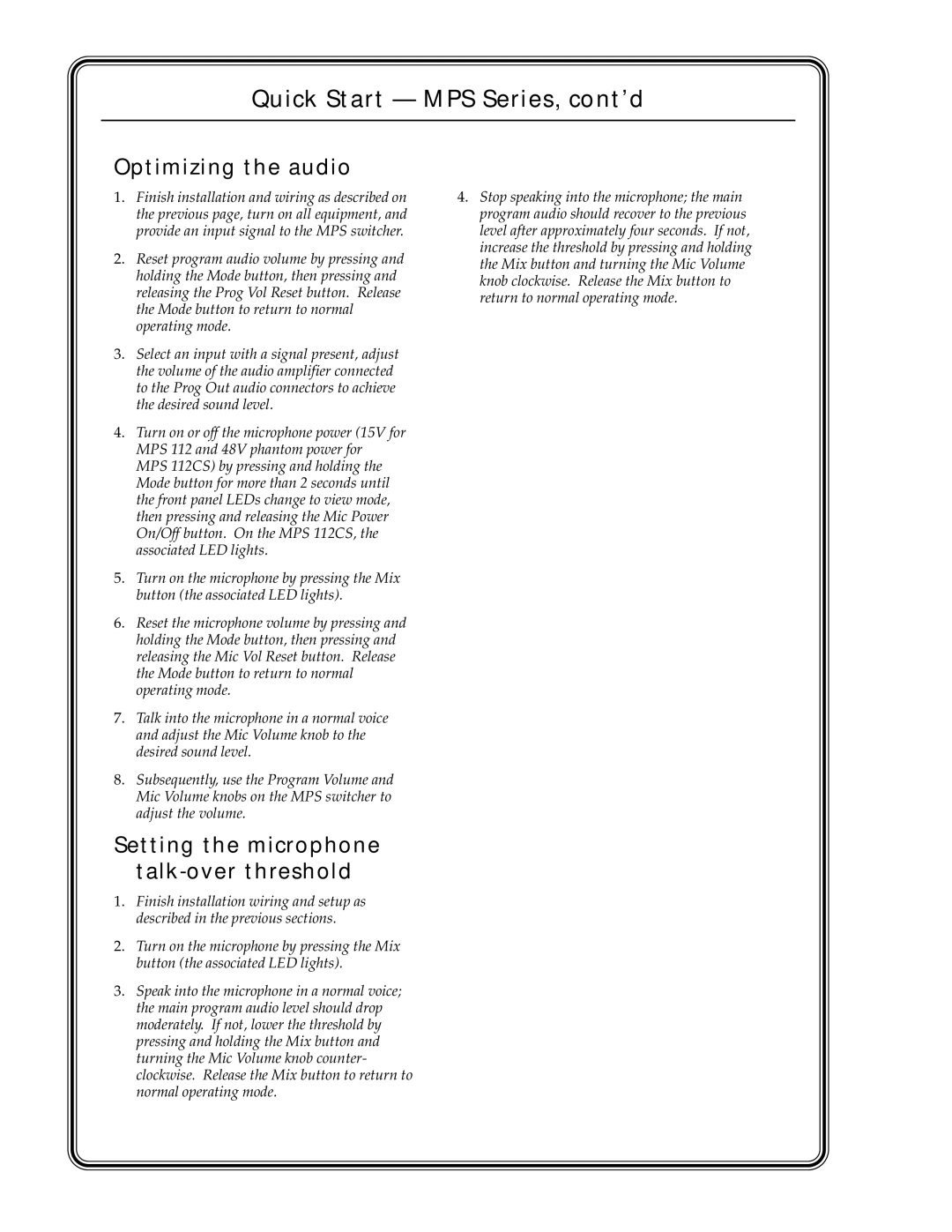 Extron electronic MPS 112CS manual Quick Start MPS Series, cont’d, Optimizing the audio 