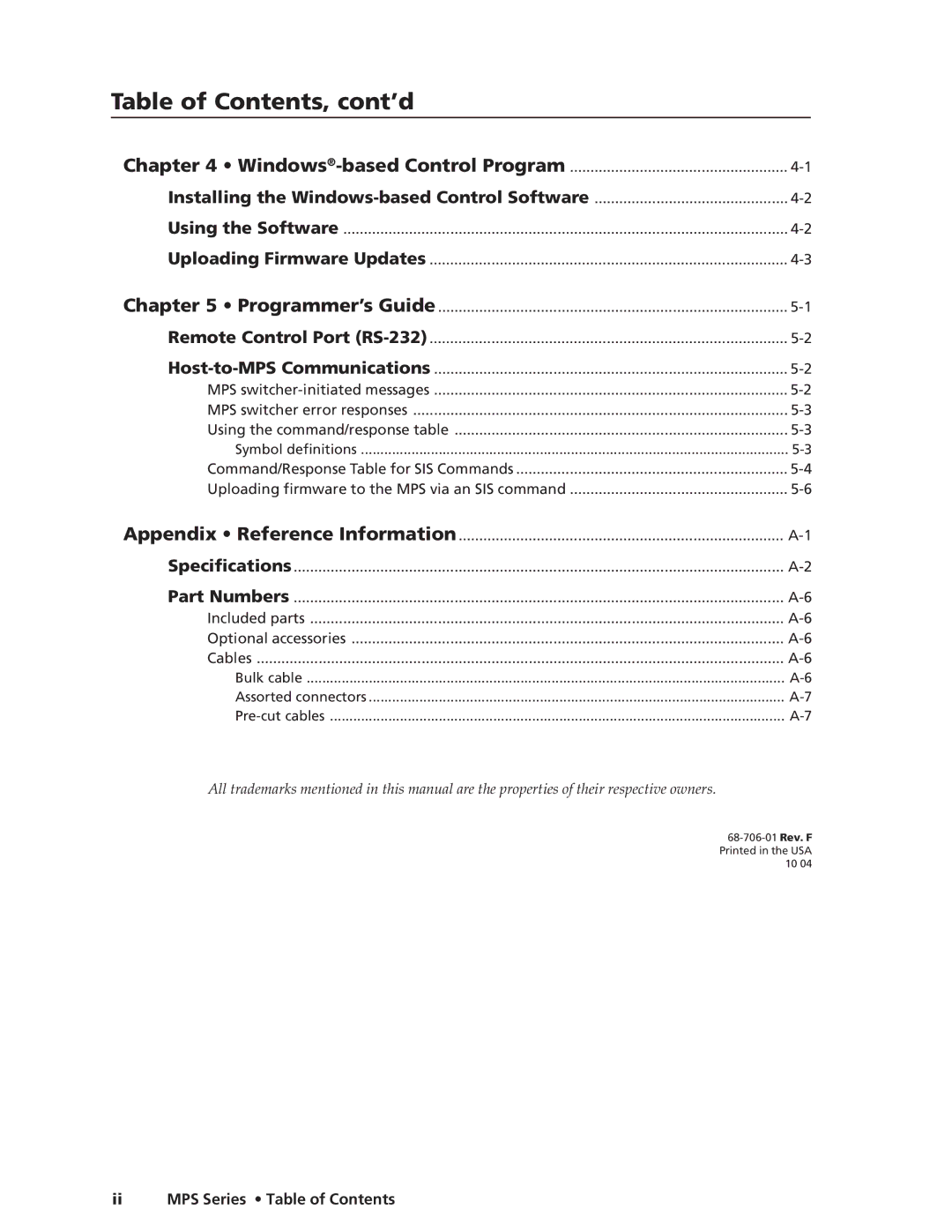 Extron electronic MPS 112CS manual Table of Contents, cont’d 