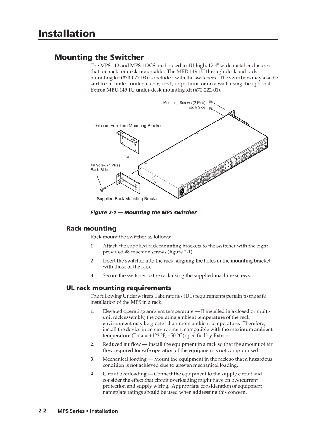 Extron electronic MPS 112CS manual Installation, Mounting the Switcher, Rack mounting, UL rack mounting requirements 