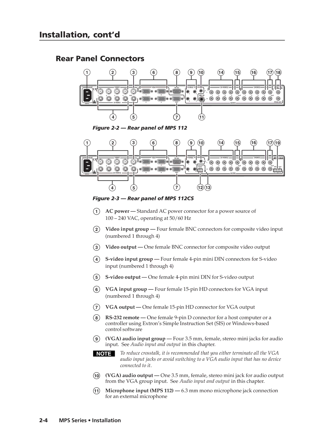 Extron electronic MPS 112CS manual Installation, cont’d, Rear Panel Connectors 