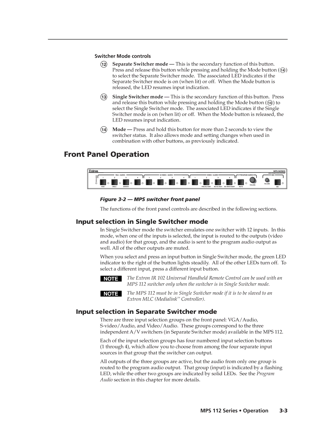 Extron electronic MPS 112CS manual Front Panel Operation, Input selection in Single Switcher mode, Switcher Mode controls 