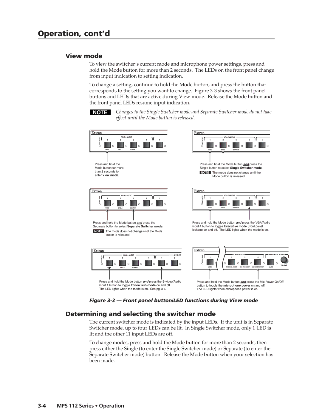 Extron electronic MPS 112CS manual Operation, cont’d, View mode, Determining and selecting the switcher mode 