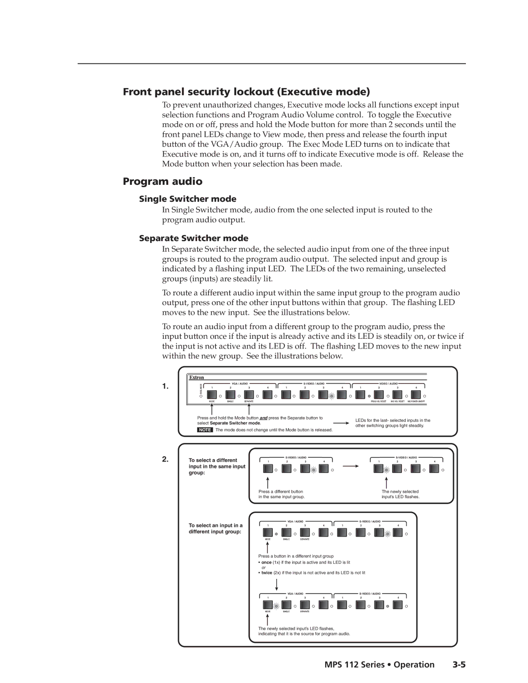 Extron electronic MPS 112CS manual Front panel security lockout Executive mode, Program audio, Single Switcher mode 