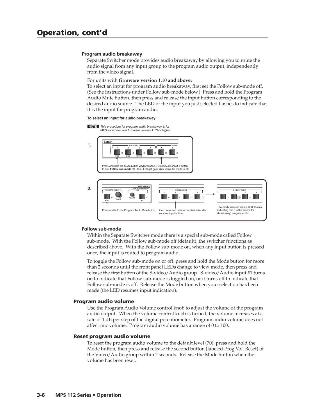 Extron electronic MPS 112 manual Program audio breakaway, Follow sub-mode, Program audio volume, Reset program audio volume 