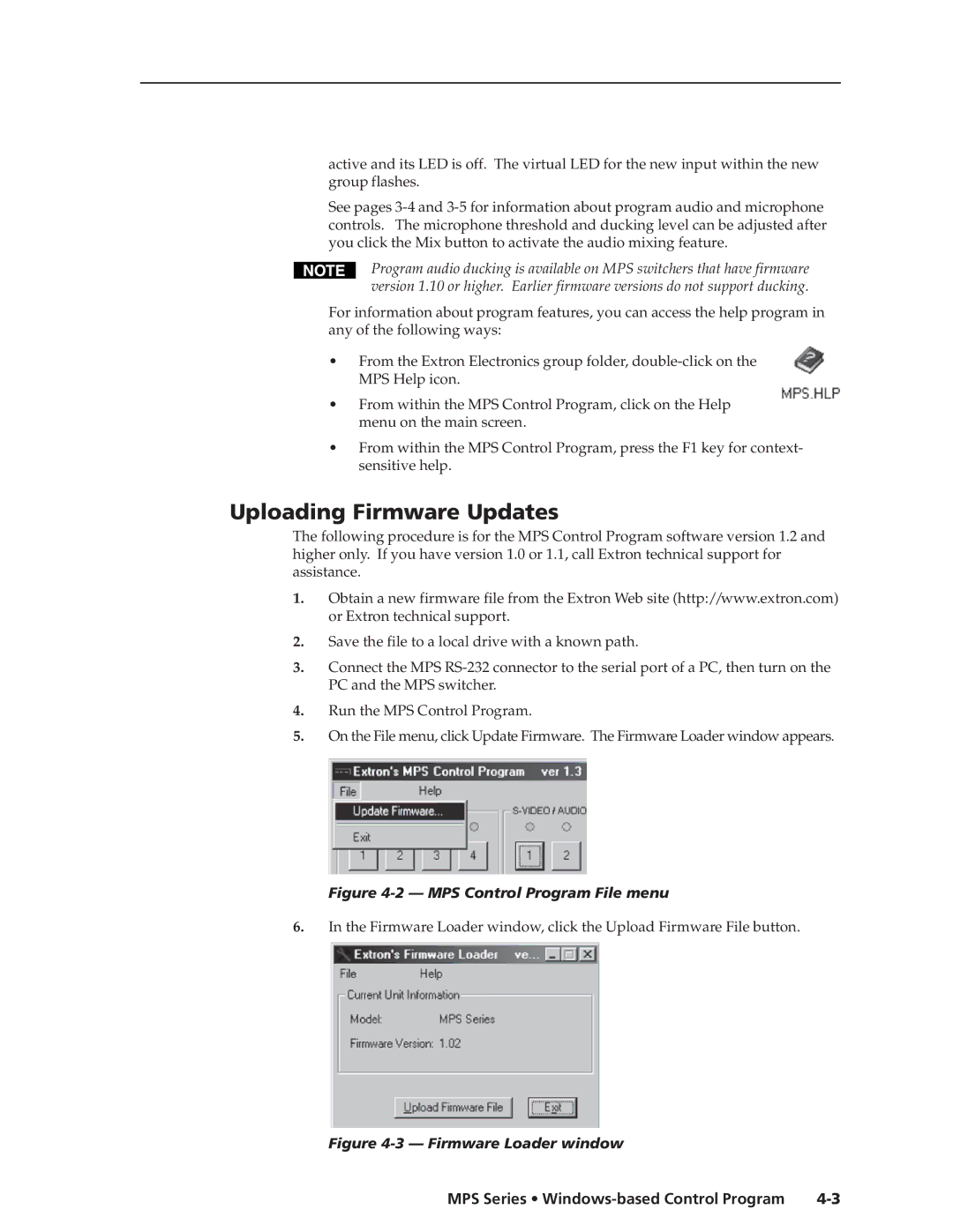 Extron electronic MPS 112CS manual Uploading Firmware Updates, MPS Control Program File menu 