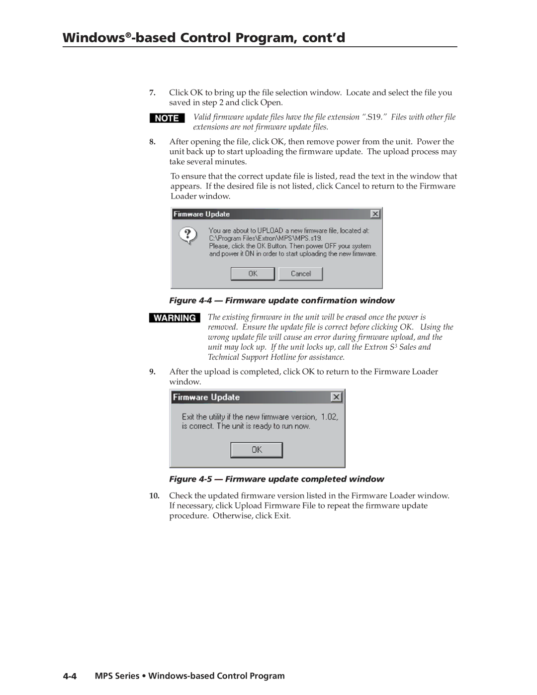 Extron electronic MPS 112CS manual Windows-based Control Program, cont’d, Firmware update confirmation window 