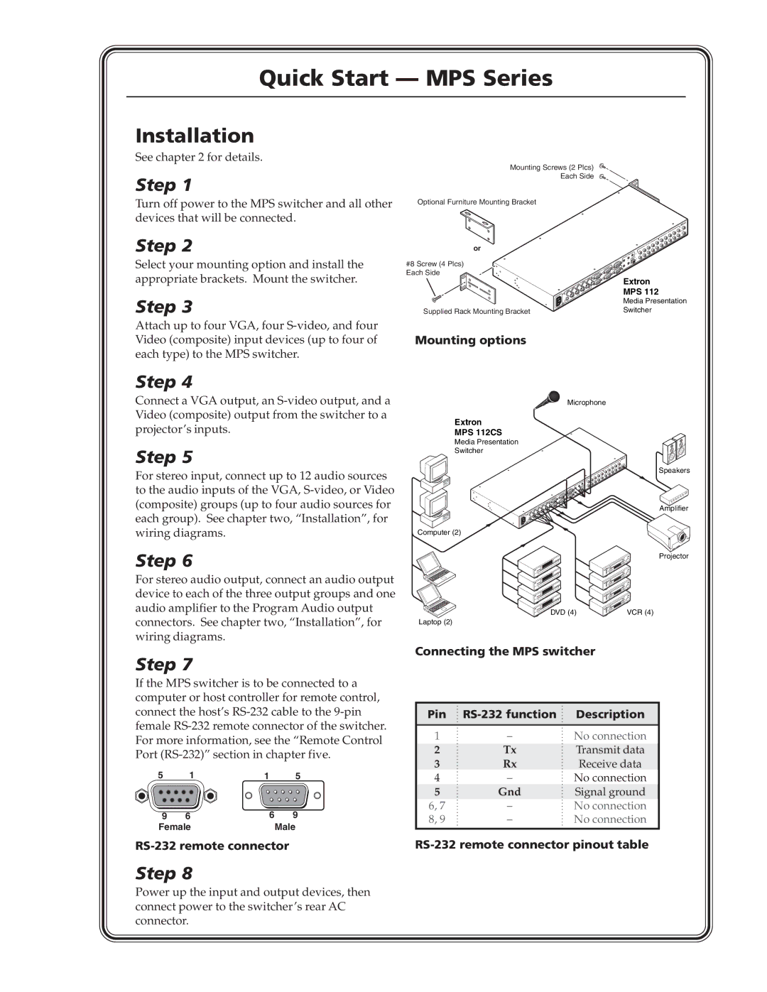 Extron electronic MPS 112CS Quick Start MPS Series, Mounting options, RS-232 remote connector, Connecting the MPS switcher 