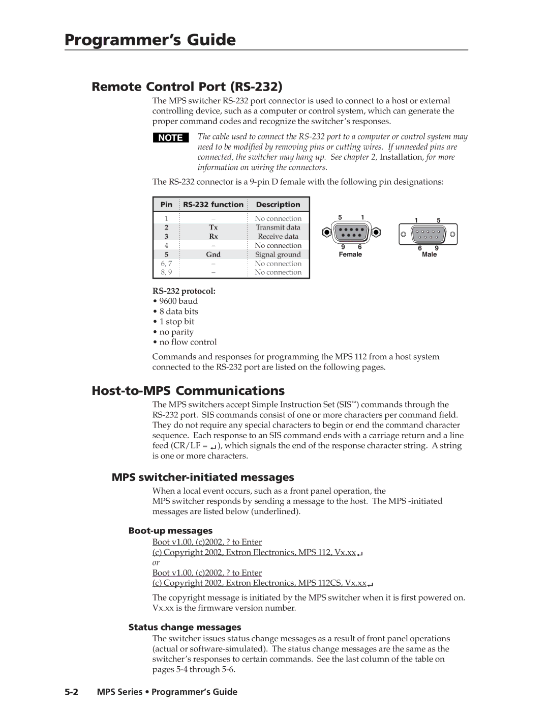 Extron electronic MPS 112CS manual Programmer’s Guide, Remote Control Port RS-232, Host-to-MPS Communications 